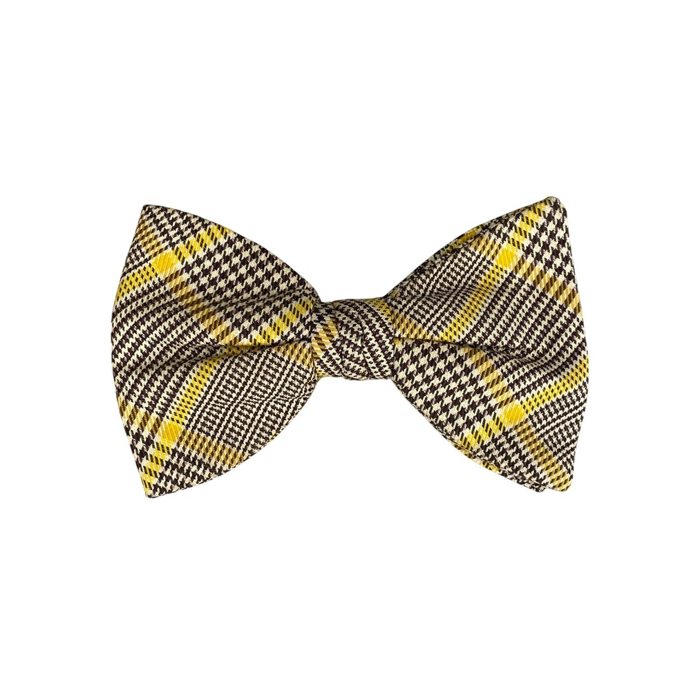 VTG Clip On Bow Tie Brown Yellow Cream  Plaid Rust Resistant Clip 70s Retro